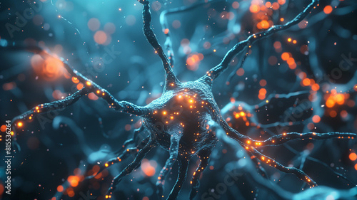 Neuron cells and neural network professionally rendered, highlighting the complex synaptic pathways of the human brain photo