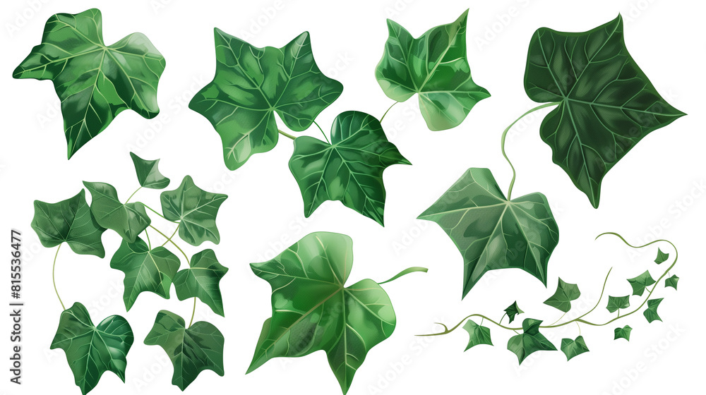 Set of ivy leaves, featuring their classic pointed, lobed forms that make them perfect for ornamental coverings or groundcovers