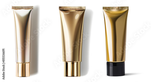 Realistic 3D vector illustration set of golden cosmetic tubes with different cap shapes. Perfect for skincare cream, toothpaste, or beauty cleanser packaging design. 