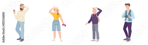 People Tourist Character on Excursion Go Sightseeing and Take Photos Vector Set