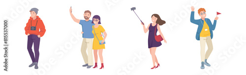 People Tourist Character on Excursion Go Sightseeing and Take Photos Vector Set