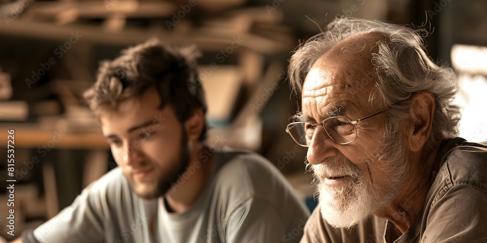 Obraz premium Experienced senior carpenter mentors apprentice in workshop sharing expertise and knowledge. Concept Carpentry skills, Mentorship, Workshop training, Knowledge sharing, Senior apprentice dynamic