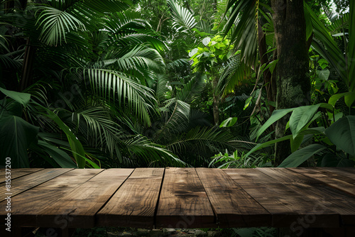 Empty wooden table top  product display  showcase stage on tropical jungle background