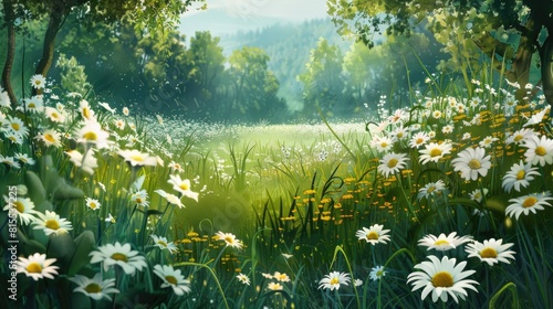 A stunning midsummer meadow adorned with daisies and golden cups photo