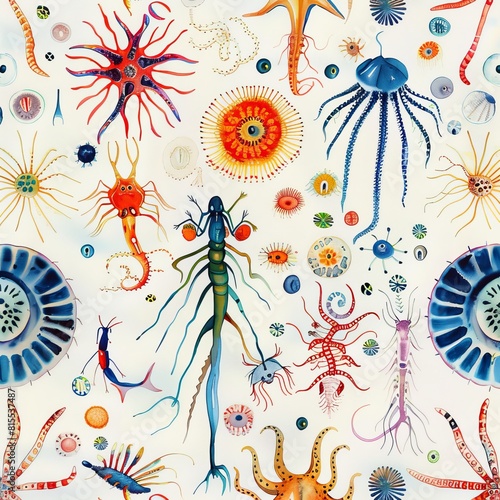 Vibrant and educational watercolor pattern featuring a variety of sea plankton species  designed seamlessly for fabric printing on an isolated background