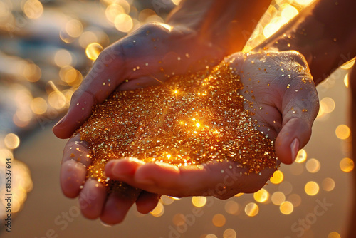 Golden sand in palms on the beach. Background with golden bokeh. Generated by artificial intelligence