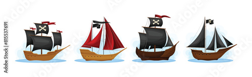 Pirate Ships with Black and Red Sails Vector Set
