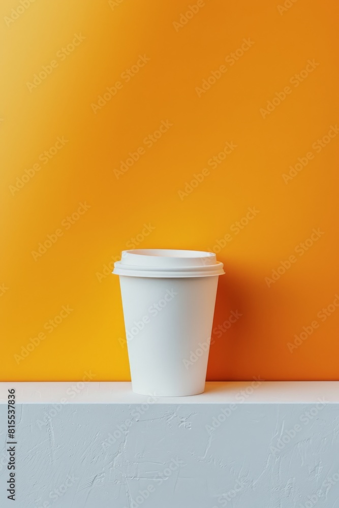 A white paper cup rests on a vibrant orange wall, illuminated by natural light A white paper cup rests on a vibrant orange wall, illuminated by natural light