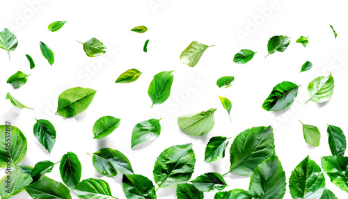 Vividly flying in the air green tea leaves isolated on white background