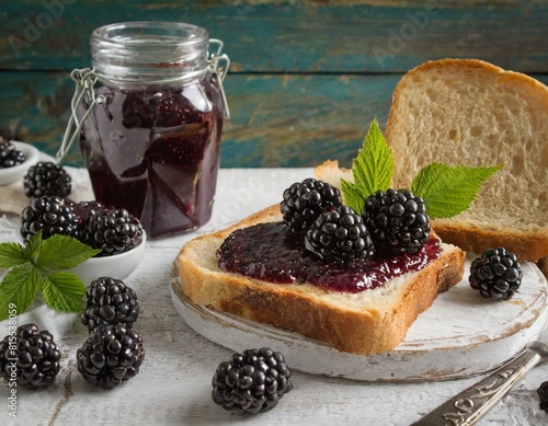  Eine Scheibe Brot mit Brombeermarmelade und frischen Brombeeren photo