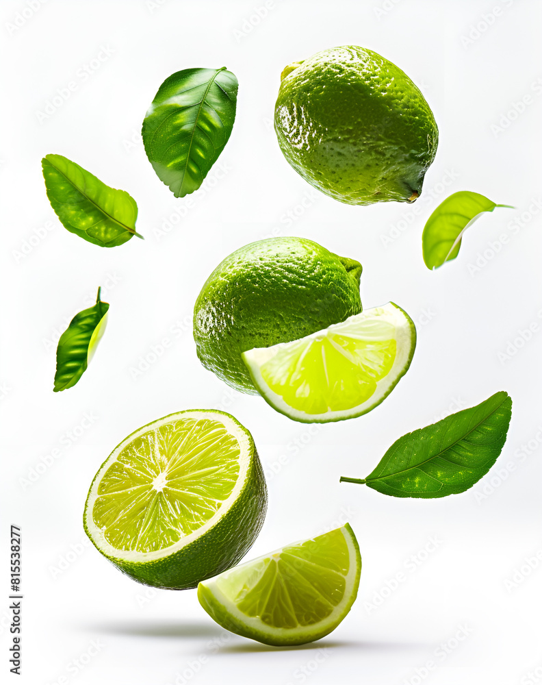Fresh raw whole and cut limes with green leaves falling in the air isolated on white background Fresh raw whole and cut limes with green leaves falling in the air isolated on white background