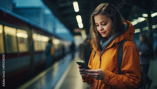 Woman looking at phone on train platform © dwoow