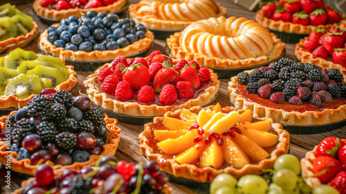 Bakery concept. Cakes with berries and fruits on wooden background. Fresh pastries. 