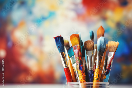 Paint brushes on colorful background, art and creativity concept, vintage tone