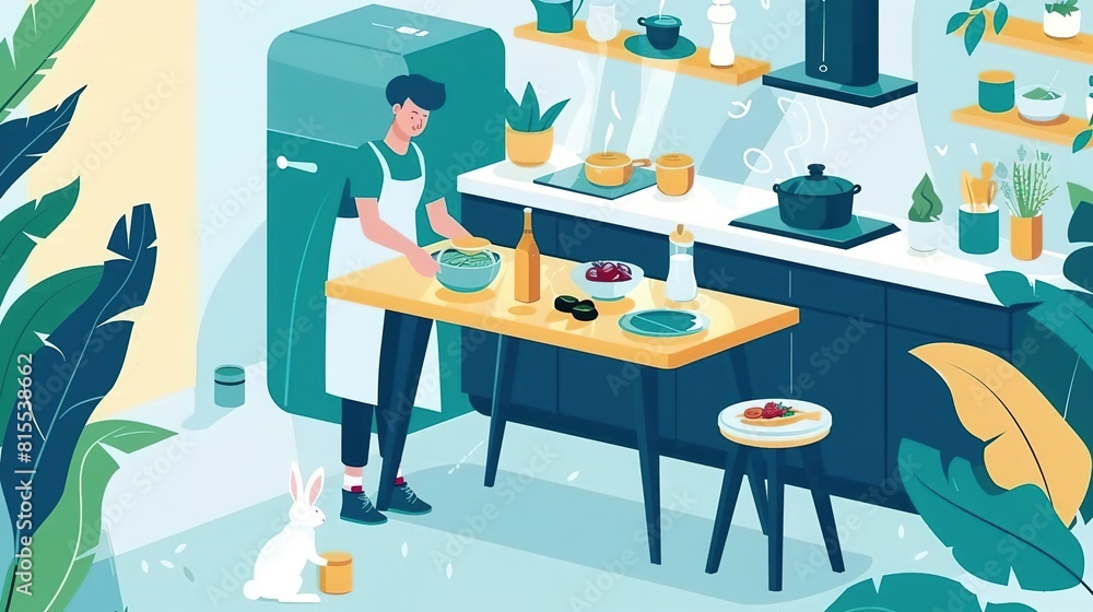 A young man is cooking in a modern kitchen. He is chopping vegetables and adding them to a bowl. The kitchen is decorated with plants and has a large window. A young man is cooking in a modern kitchen. He is chopping vegetables and adding them to a bowl. The kitchen is decorated with plants and has a large window.
