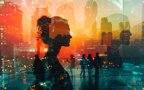 The silhouette of a woman's head with a double exposure of a cityscape.