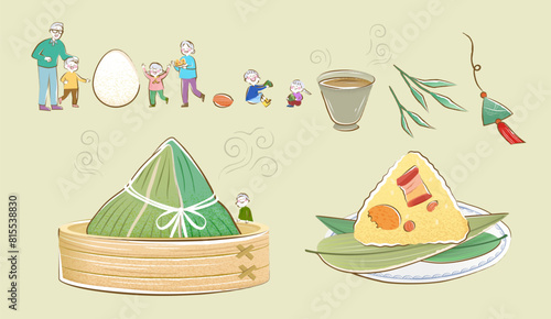 Duanwu people, festive decors and zongzi elements isolated on beige background.