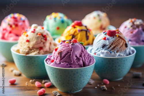 Scoops of different flavors of ice cream in bowls on the table