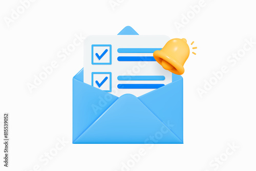 3D Letter with completed task or checklist in envelope. Open document by email. Bell notification. New message. Task management. Newsletter concept. Cartoon design icon. 3D Vector illustration