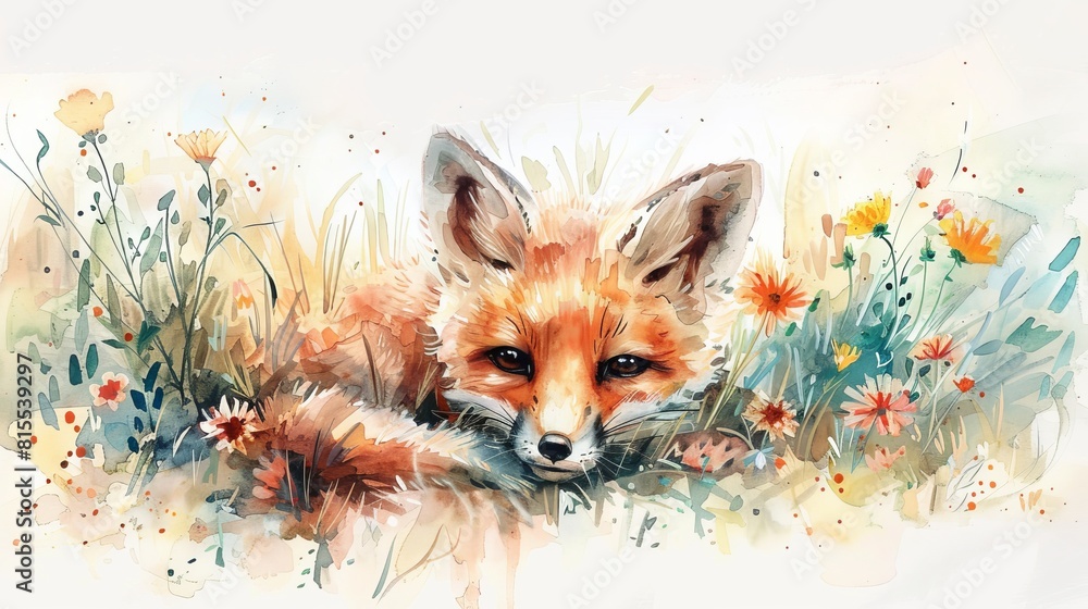 Fototapeta premium Watercolor of a cute baby fox nestled among wildflowers, its bright eyes and bushy tail painted with tender strokes