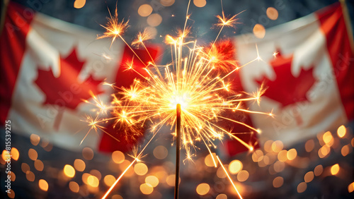 Vintage Canada Day Celebration: Sparklers and Defocused Flag. Perfect for: Canada Day Events, Patriotic Parties, Vintage Celebrations, Social Media Posts, Event Invitations, Patriotic Promotions.