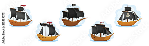 Pirate Ships with Black Sails with Skull and Bone Vector Set