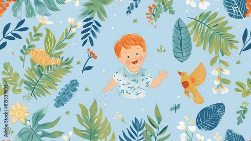 Wallpaper pattern of baby boys interacting with elements of nature  drawn in a soft hand style on an isolated blue background  promoting environmental awareness