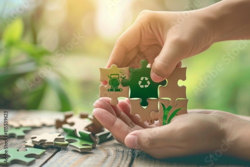hands holding puzzle pieces with green and white symbols representing sustainability and eco friendly photo