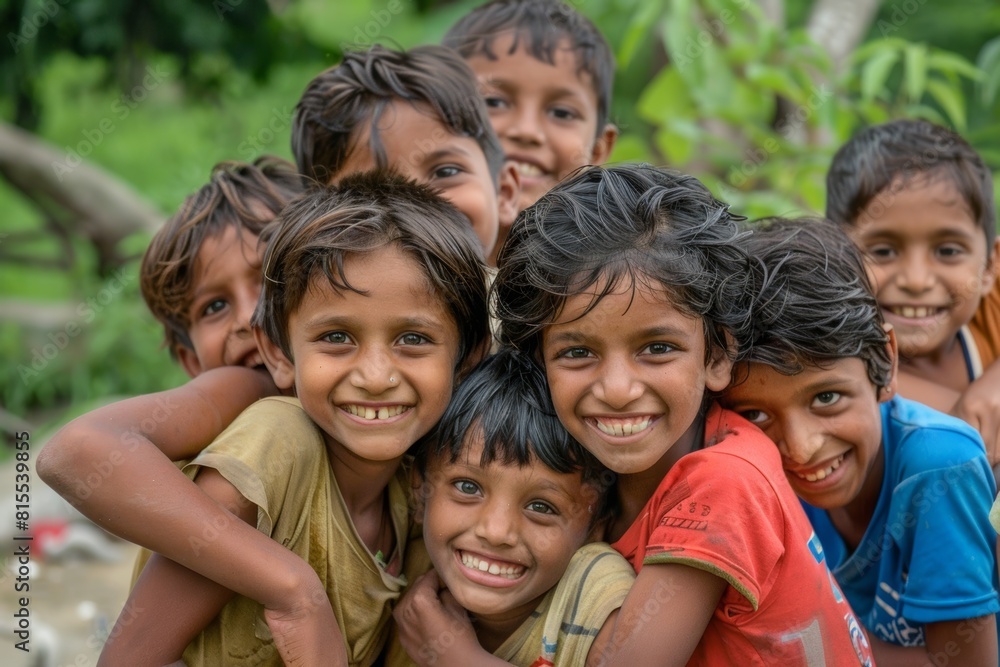 Group of indian kids smiling and looking at camera in the village Group of indian kids smiling and looking at camera in the village