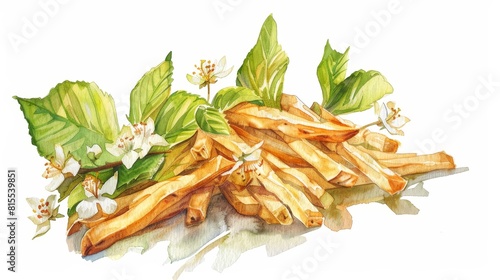 Watercolor depiction of a whimsical arrangement of potato fries, entwined with green leaves and blossoms on an isolated background