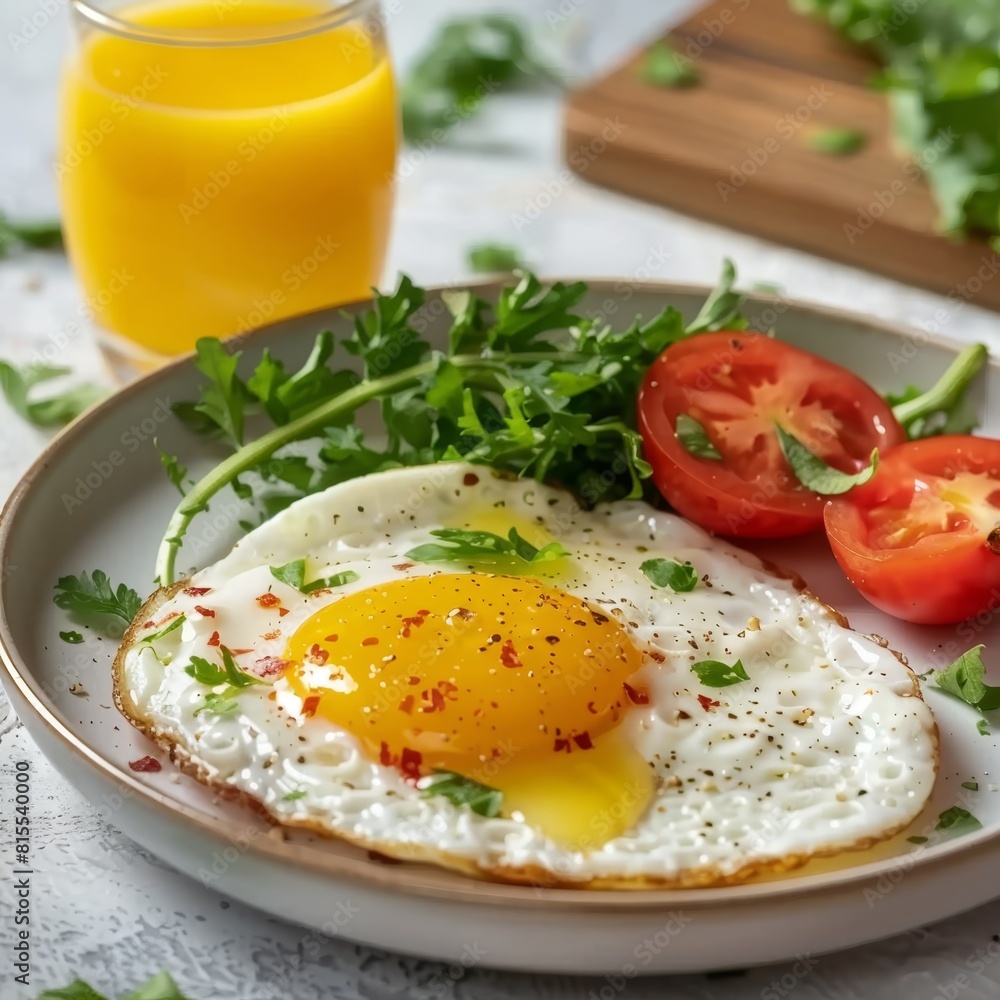 Healthy breakfast with fried egg, veggies, orange juice on white table, light background Healthy breakfast with fried egg, veggies, orange juice on white table, light background
