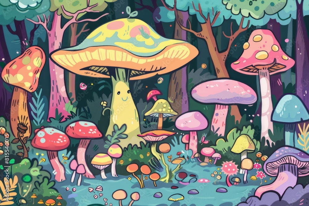 Cartoon cute doodles of faceless characters exploring a magical forest filled with colorful mushrooms and friendly creatures, Generative AI Cartoon cute doodles of faceless characters exploring a magical forest filled with colorful mushrooms and friendly creatures, Generative AI