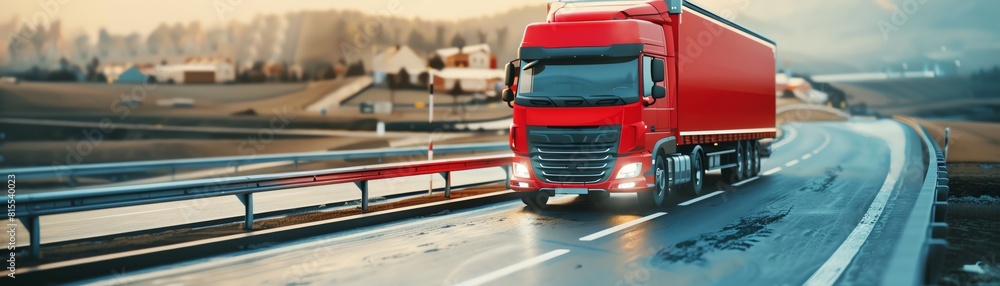 A red semi truck speeds along a winding road, surrounded by a beautiful landscape A red semi truck speeds along a winding road, surrounded by a beautiful landscape