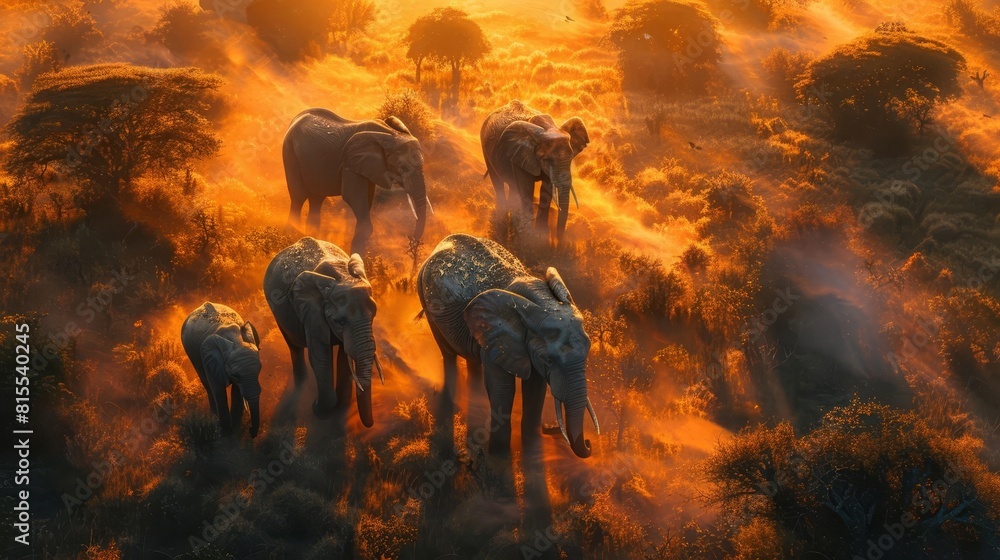 Fototapeta premium Craft a dynamic scene of a family of elephants wandering through the savanna from a birds-eye view