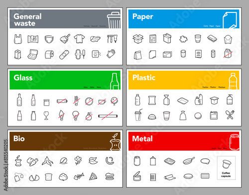 Ready sets of icons for separating trash. Vector elements are made with high contrast, well suited to different scales and on different media. Ready for use in your design. EPS10.