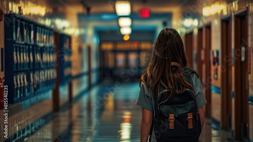 Girl Walking Alone in School Hallway