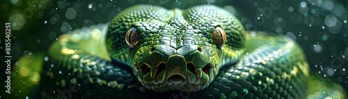 Create a front-facing portrait of a sinuous green tree python in a digital art style photo