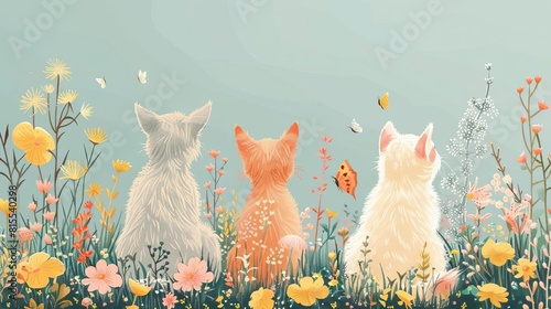 Create a captivating flat design of lovable Furry Friends in dreamy pastel hues, focused on their rear view, ensuring every stroke conveys a sense of warmth and endearment photo