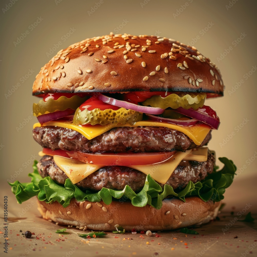A large hamburger towering on a brown background, enticing and mouth-watering A large hamburger towering on a brown background, enticing and mouth-watering