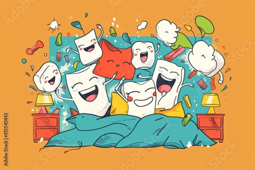 Cartoon cute doodles of faceless characters having a pillow fight and laughing together in a bedroom  Generative AI