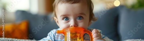 Baby using a sippy cup for the first time, highlighting spillproof and ergonomic design, highspeed macro style photo