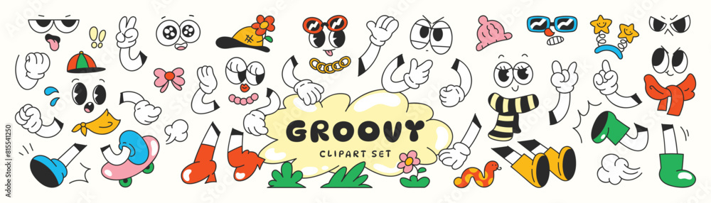 Set of 70s groovy comic vector. Collection of cartoon character faces in different emotions, hand, glove, glasses, hat, shoes. Cute retro groovy hippie illustration for decorative, sticker. Set of 70s groovy comic vector. Collection of cartoon character faces in different emotions, hand, glove, glasses, hat, shoes. Cute retro groovy hippie illustration for decorative, sticker.