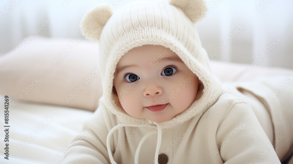 portrait of a cute smiling baby. Cute baby in bed on his stomach with his head up looking with his big eyes. Warm and soft beige clothing. Close up. portrait of a cute smiling baby. Cute baby in bed on his stomach with his head up looking with his big eyes. Warm and soft beige clothing. Close up.