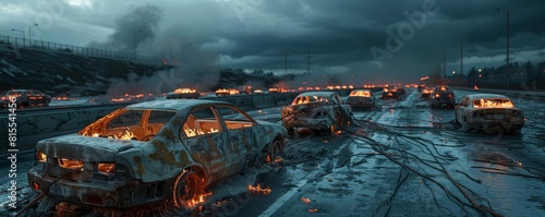 Burntout cars on a highway, remnants of a rapid wildfire evacuation, forced perspective style photo