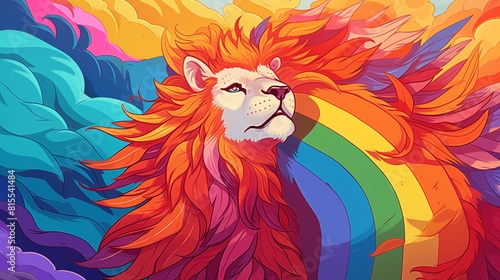 Stunning Digital Illustration of a Lion with a Vibrant Rainbow-colored Mane