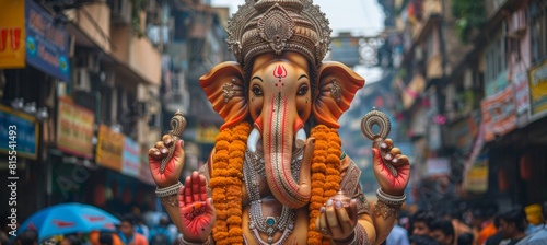 Colorful ganesh chaturthi processions with beautifully adorned idols and traditional attire photo