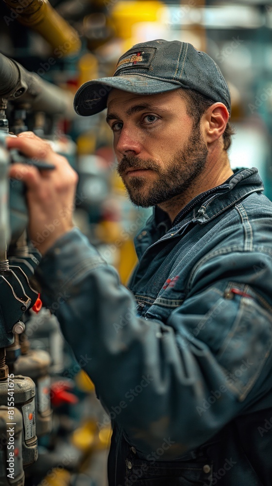 American plumber repairing a broken pipe in an industrial warehouse American plumber repairing a broken pipe in an industrial warehouse