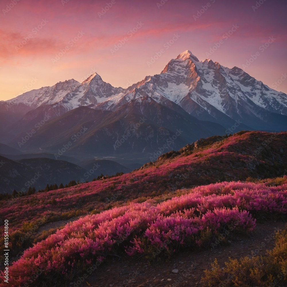 A breathtaking pink mountain range glowing in the light of the rising sun.

