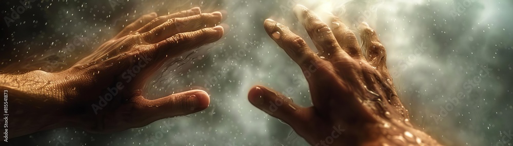Fototapeta premium Closeup of hands reaching towards a stormy sky, symbolizing hope and faith during adversity, highspeed macro style