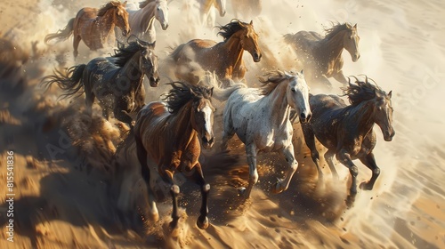 Illustrate an intricate digital artwork of a herd of galloping wild horses seen from above